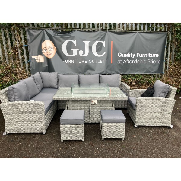 10 Seater Mixed Light Grey Rattan Corner Set with Firepit Table